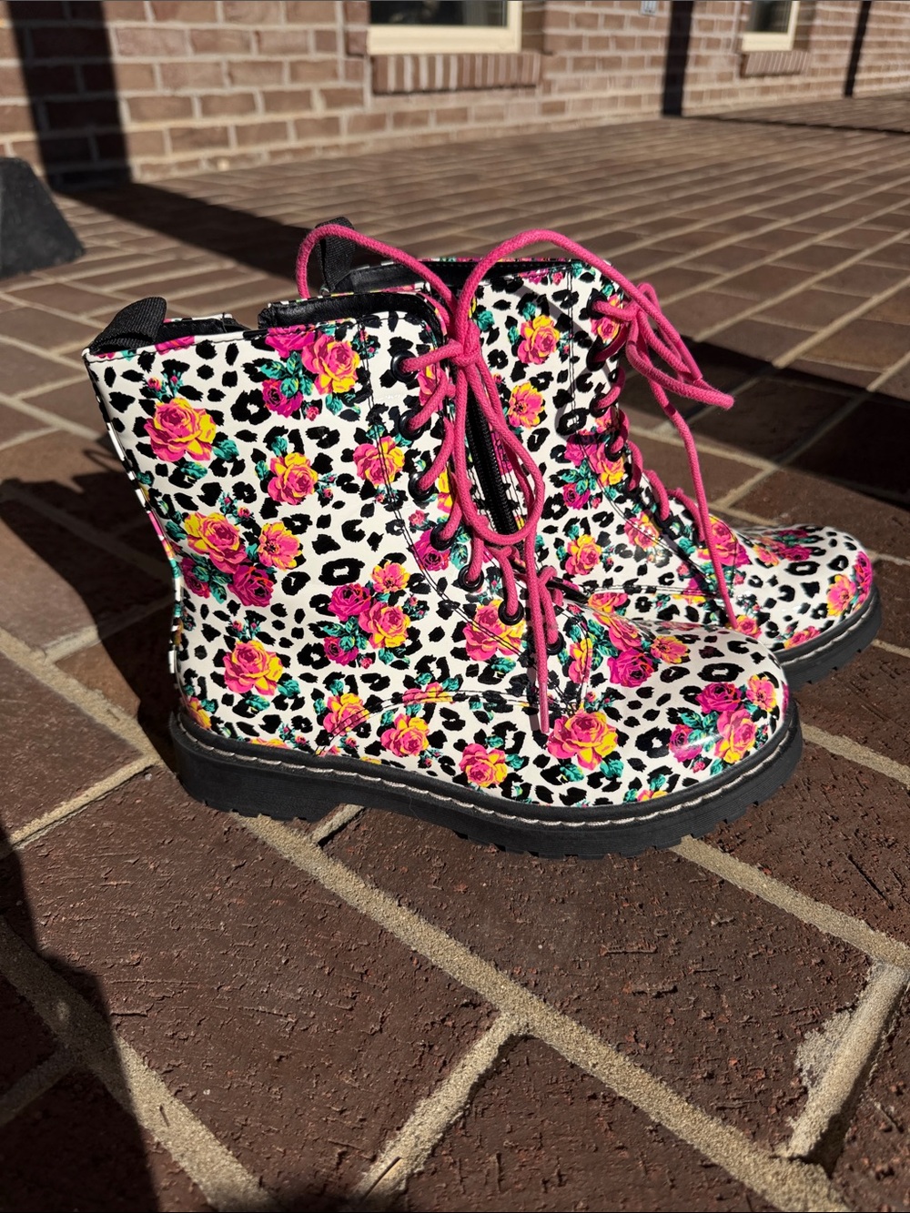 Betsey Johnson Floral Leopard Combat Boots - White, Pink, Yellow